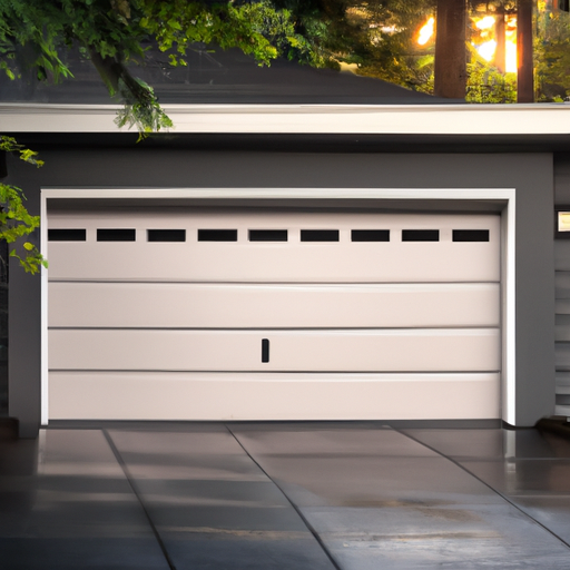 Contemporary sectional garage door at golden hour on a Mercer Island driveway, wet pavement reflecting soft light.