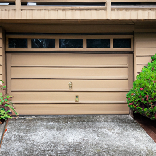 Sectional garage door on a Mercer Island home under soft overcast light with cedar siding and paved driveway.