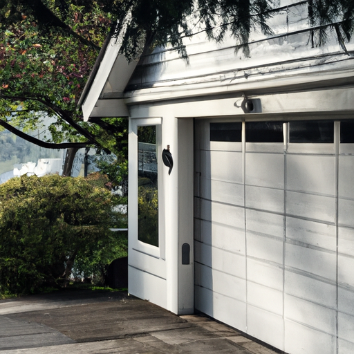 Residential garage door with visible opener rail, driveway and lake-side vegetation on Mercer Island in soft morning light.