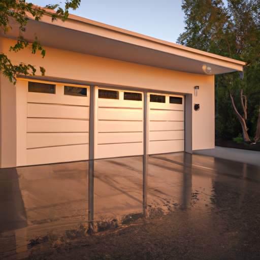 Contemporary garage door with smart keypad at a Mercer Island, WA home, wet driveway and natural lighting.