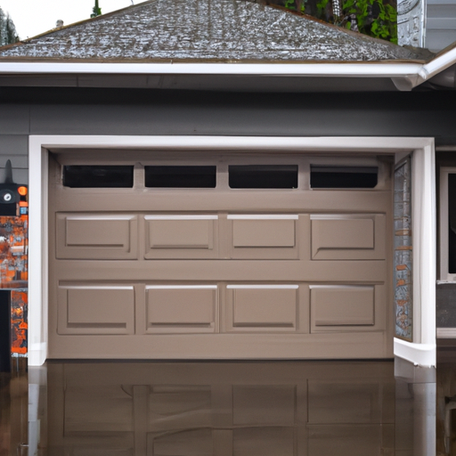 Sectional residential garage door on a Mercer Island driveway in overcast Northwest light with wet pavement and visible hardware.