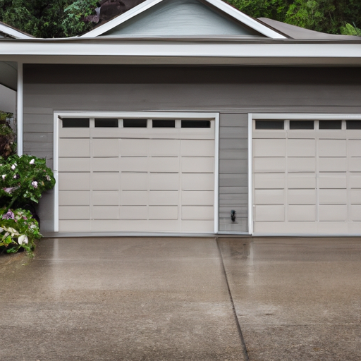 Insulated sectional garage door on a Mercer Island home in overcast light, wet pavement and evergreen landscaping.