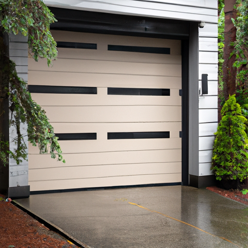 Insulated residential garage door with weatherstripping on a rainy Mercer Island street, overcast sky and evergreen backdrop.