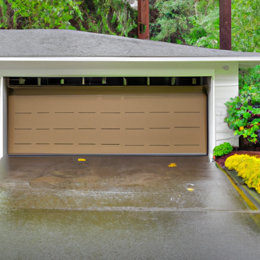 Exterior view of a modern sectional garage door with intact bottom seal on a Mercer Island driveway, overcast sky and native foliage.