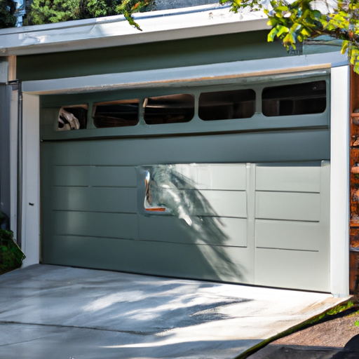 Residential garage door and opener mechanism on a Mercer Island street, wet-season light, no people.