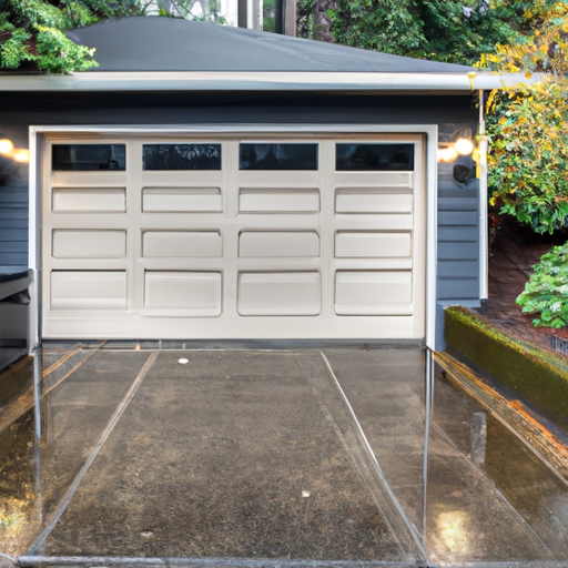Modern sectional garage door on a Mercer Island, WA home with wet driveway and trees in soft daylight.