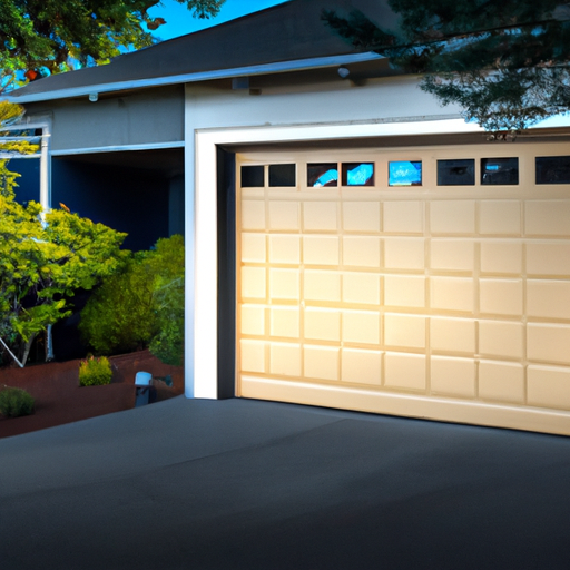 Insulated garage door on a Mercer Island home with visible threshold and weatherstripping, lake in background, overcast sky.