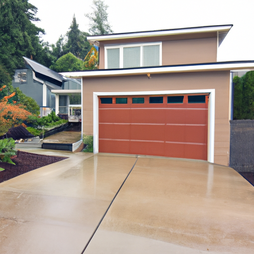 Modern Mercer Island home with closed insulated garage door, wet driveway, and soft overcast Pacific Northwest light.