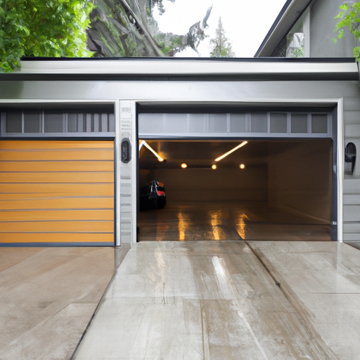 Modern sectional garage door on a Mercer Island, WA home in overcast light, tracks and hardware visible.