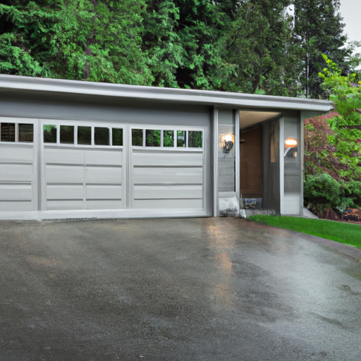 Modern sectional garage door on a wet Mercer Island driveway with cedar siding and evergreen trees, overcast Pacific Northwest light.