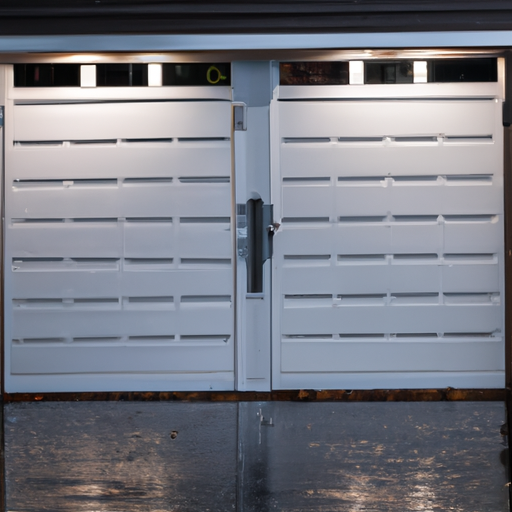 Residential garage door on Mercer Island driveway at dusk showing tracks and hardware, wet surface, no people.