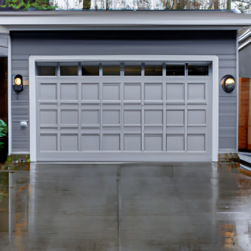 Mercer Island home exterior with modern garage door, wet driveway, and a visible smart keypad; overcast Pacific Northwest light.