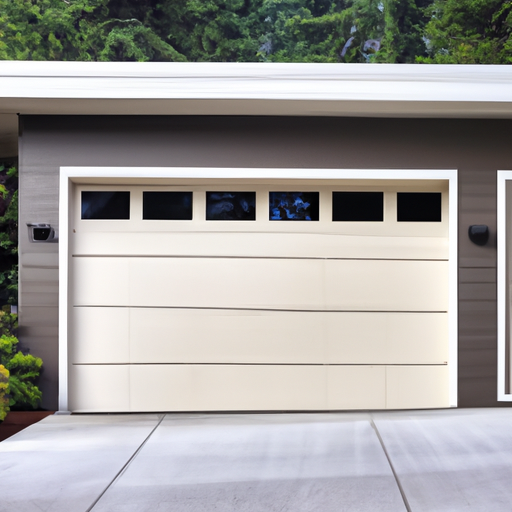 Residential garage door closed on Mercer Island home with visible weatherstripping and keypad, Pacific Northwest setting.