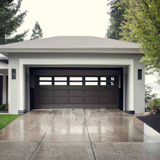 Modern residential garage door on a Mercer Island home with wet driveway and evergreen backdrop in overcast light.