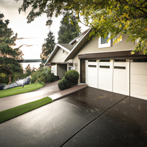 Wide-angle view of a Mercer Island home with a modern closed garage door, driveway and evergreen landscaping.