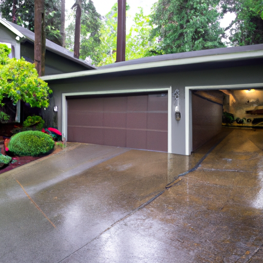Modern insulated steel garage door partly open on a rainy residential street in Mercer Island, WA with evergreen landscaping.