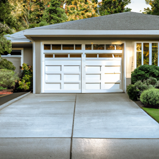 Suburban Mercer Island home with a modern closed sectional garage door, wet driveway and evergreen landscaping.