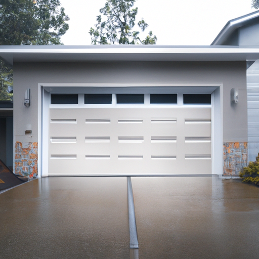 Closed garage door at a Mercer Island home on a rainy overcast day, showing bottom seal and wet driveway.