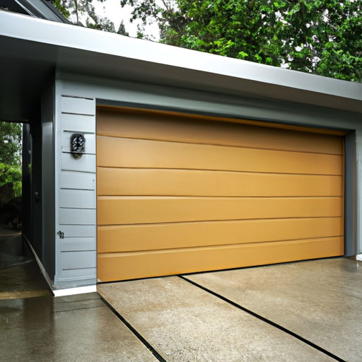 Closed residential garage door on a Mercer Island, WA home with wet driveway, cedar siding, and visible overhead track in overcast daylight.