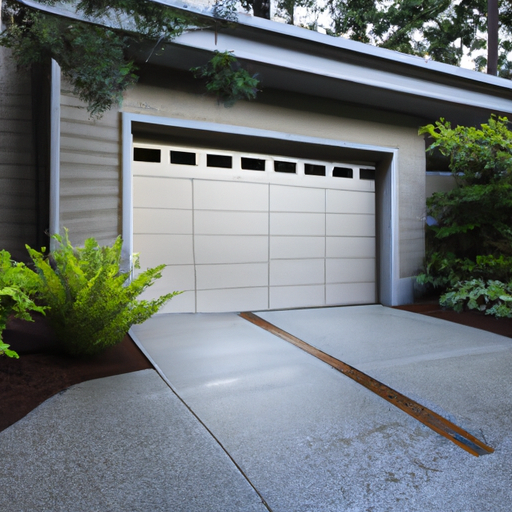 Sectional garage door partially open at a Mercer Island home with Pacific Northwest landscaping, early morning light.