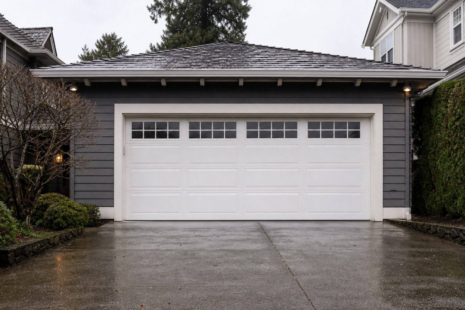 Mercer Island home garage door on a rainy day with visible weather sealing